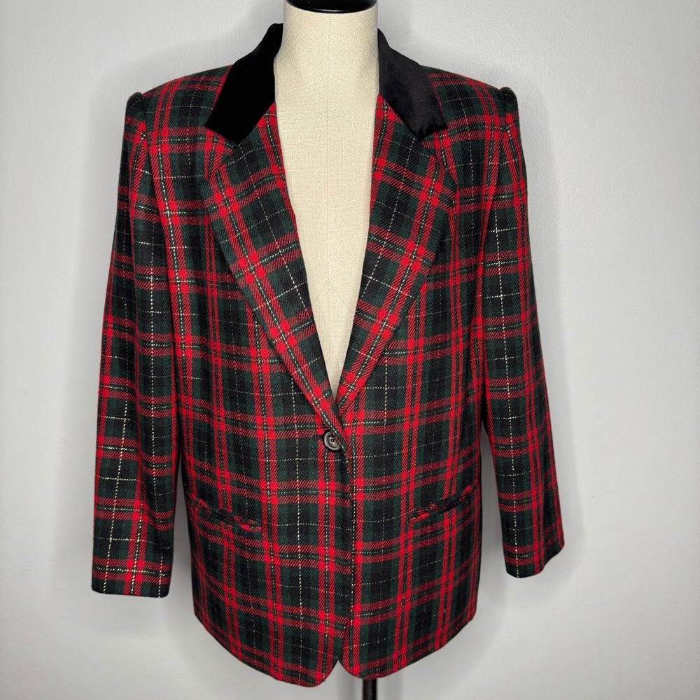 Sag Harbor Wool Blazer Womens 10P Red Tartan Plaid Christmas Holidays Office 90s